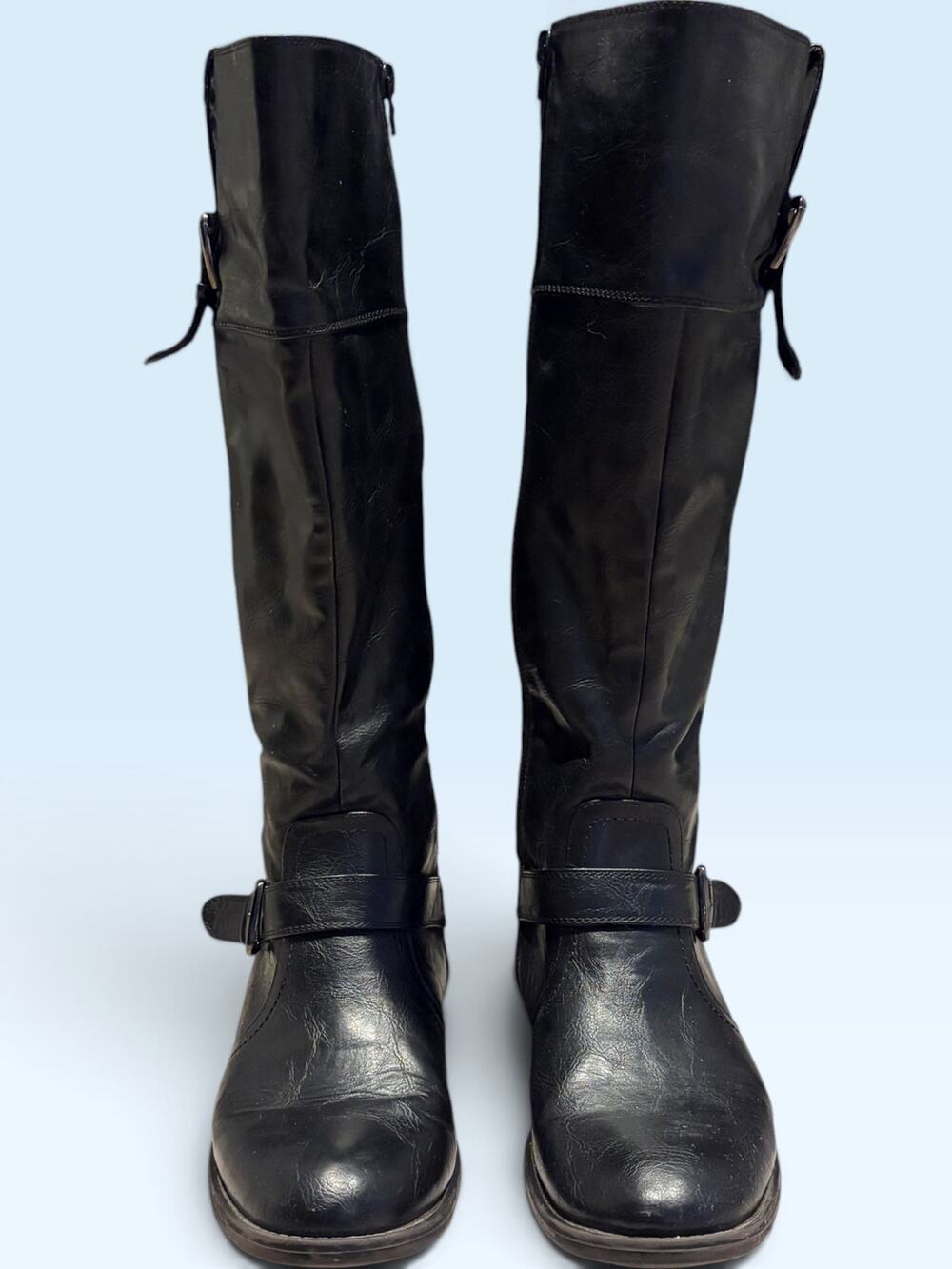 JustFab Women’s Black Knee High Riding Boots Buckle Side Zip Low Heel
